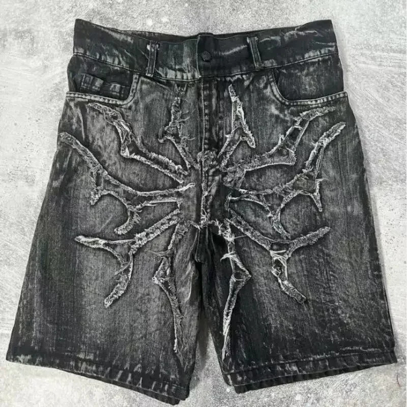 American Retro Y2K Antique Patchwork Embroidered Irregular Denim Shorts For Men And Women Loose Harajuku Casual Mens 241126