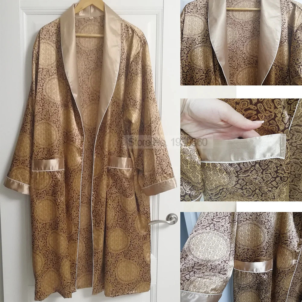 Mens Robe Nightgown Satin Kimono Bathrobe Gown Casual Sleepwear Plus Size Print Gold Home Dressing Gown 3XL 4XL 5XL 240428