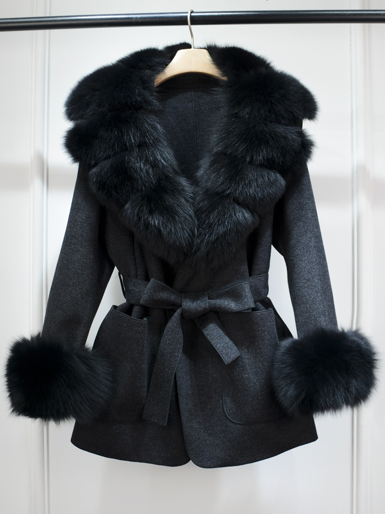Janveny New Winter Cashmere Wool Blends Women 100% Natural Fox Fur Collar Cuffs Slim Fit Suit Double Sided Woolen Trench Coat