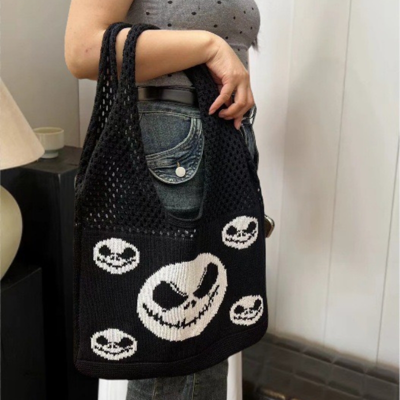2024 Halloween Funny Skull Tote Bag Trendy New Knitted Cartoon Weaving Carving