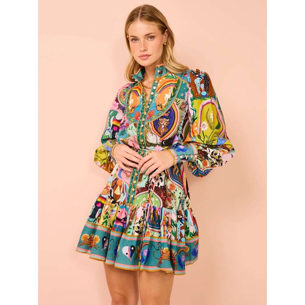 Women Dress Designer New Sexy Suspender Graffiti Cotton And En Printed Large Hem Dresses 6 Colours G05