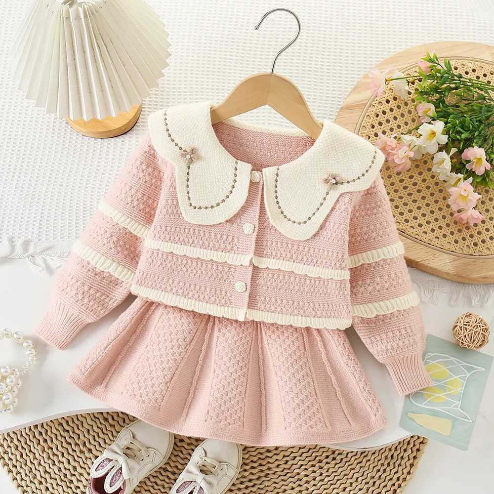 Clothing Sets Girls Knitted Clothing Set Spring and Autumn Childrens Wool Jersey Sweater Coats Short Skirt Party Dress Baby Clothing Childrens 6Y Y241