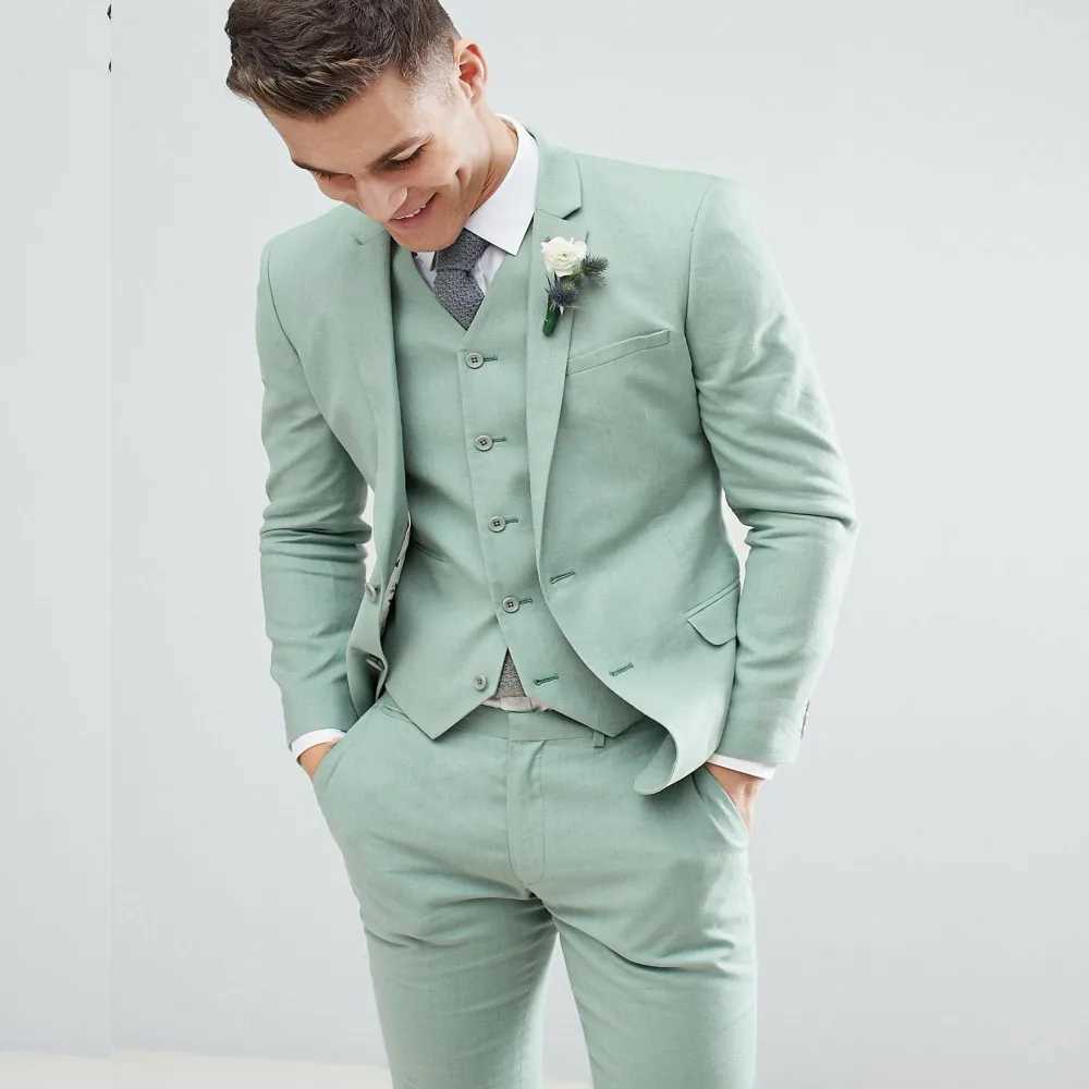 Men's Suits Blazers Light Green Men Suit Set Slim Fit Notch Lapel Groom Tuxedos Wedding Suits For Man Come Homme Mariage 3PCS(Blazer+Pants+V
