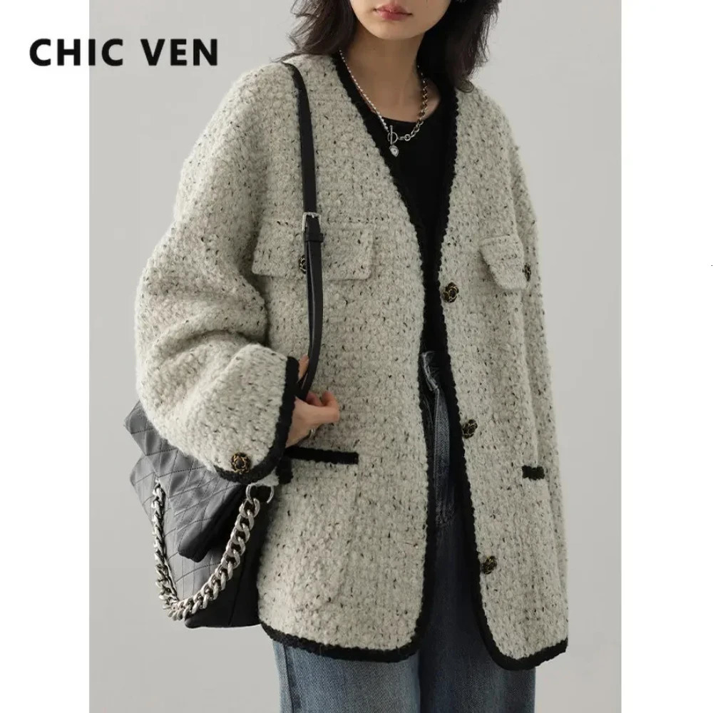 CHIC VEN Fashion Womens Wool Coat Single Breasted Vintage Jacket VNeck Office Lady Overcoat Female Tops Spring Autumn 2023 241129