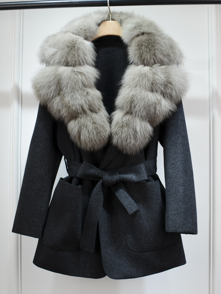 Janveny New Winter Cashmere Wool Blends Women 100% Natural Fox Fur Collar Cuffs Slim Fit Suit Double Sided Woolen Trench Coat