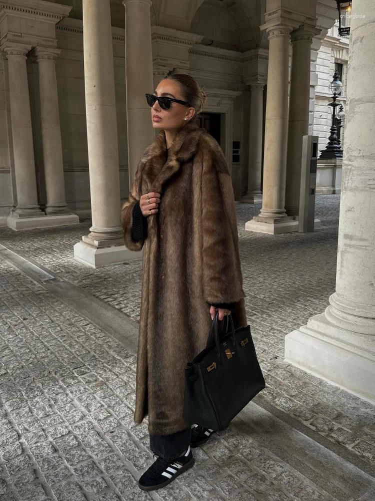 Women's Fur Women Chic Deep Brown Lapel Plush Faux Loose Long Coats Fashion Full Sleeves Warm Jacket Autumn Winter Female Streetwear