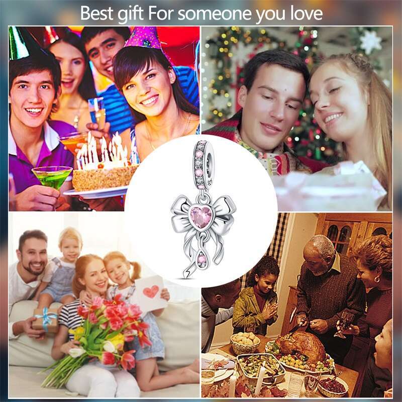 Sier Pink Bow Girl Heart Pendant Charm Fit Original Bracelet Necklace Womens Fine DIY Jewelry Gift 2024 New in