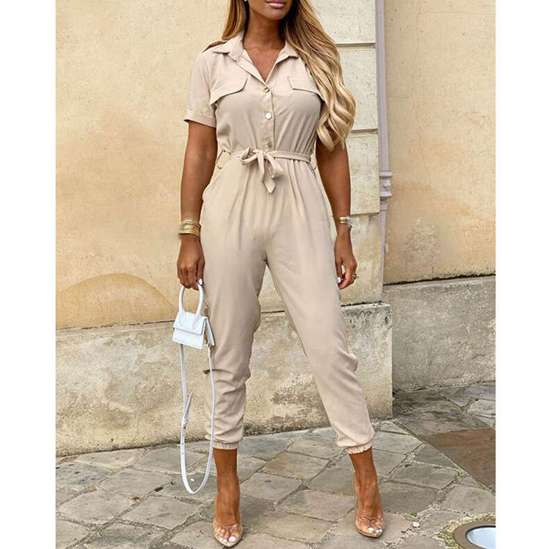 Summer European And American Women's Pants Casual Lapel Buckle Printed Waistband One-Piece Trendy Clothing Fashionable Temperament B1
