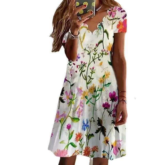 Independent Station Summer New European And American Women's Digital Print V-Neck Short Sleeved Dress Trendy Clothing Fashionable Casual Temperam