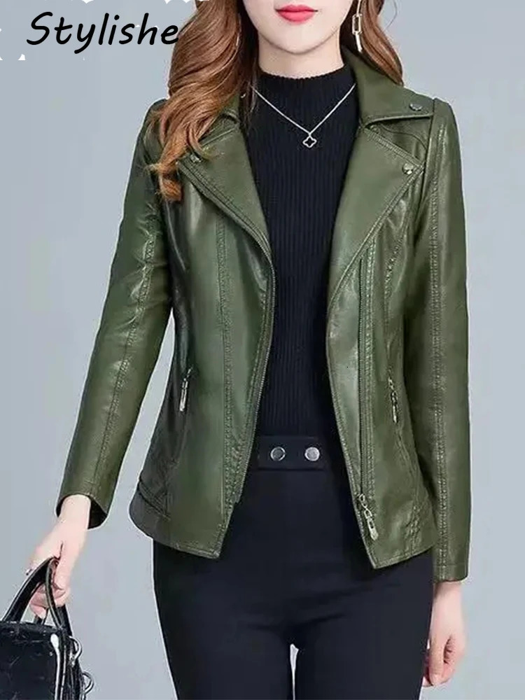 Stylishe Short Faux Leather Jacket Women Green Zipper Korean Style Office Lady Blazer Coat Slim Black Female Jackets Spring Fall 241129