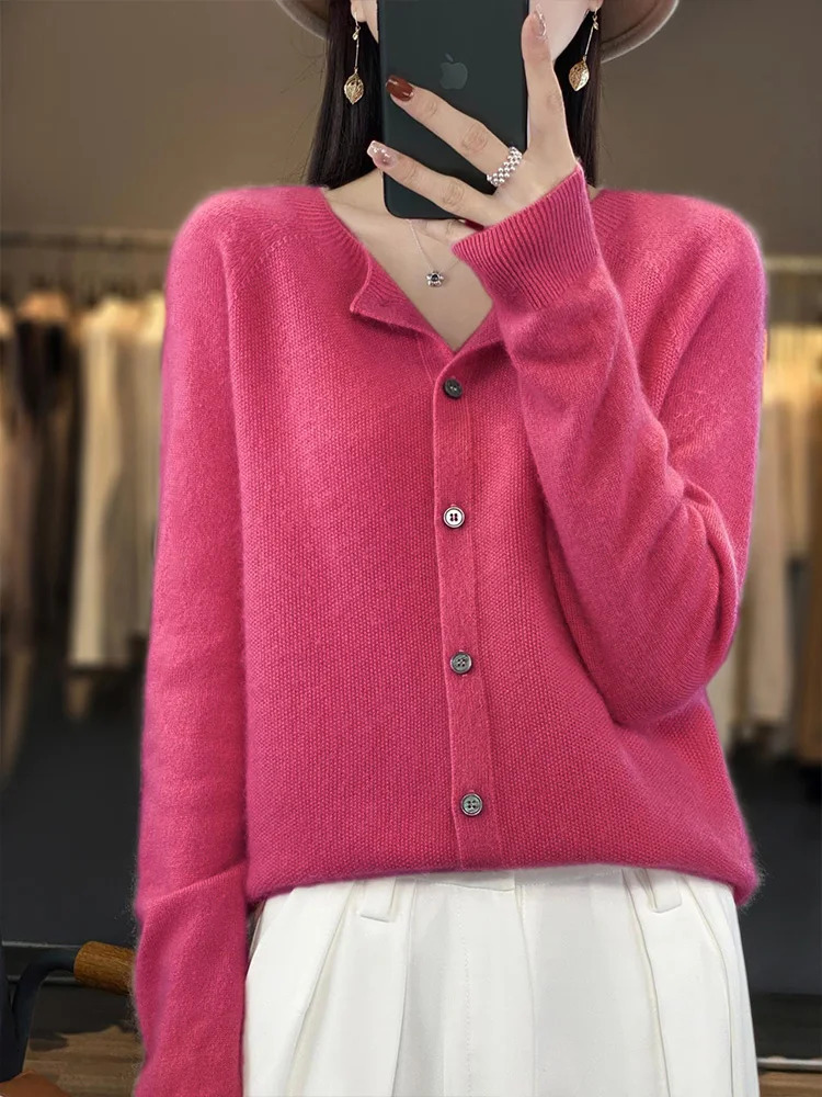 100% Merino sweater womens first-line ready cashmere cardigan solid color autumn and winter womens top 241128