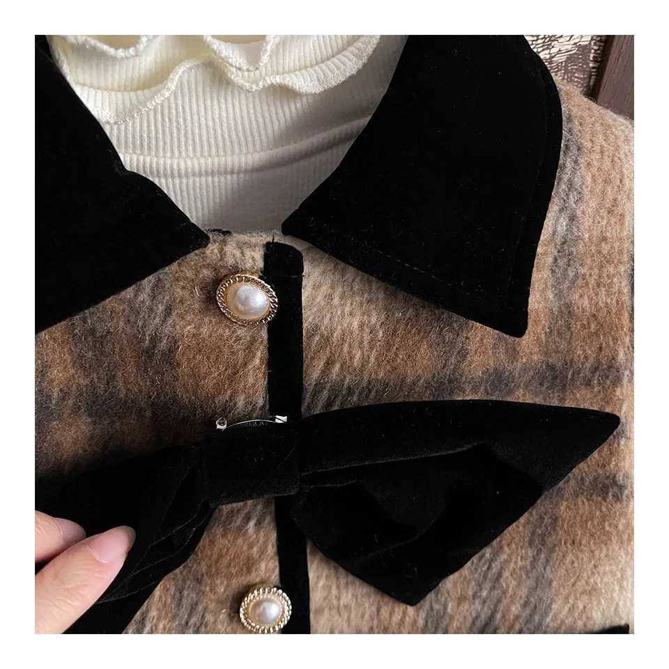 Clothing Sets Childrens clothing set plain weave bow jacket+tight fitting 2-piece set wool and cotton set childrens clothing Y241129M7N7