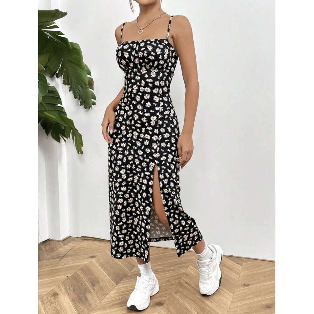 2024 autumn suspender chest high slit daisy leopard print long dress with wrapped buttocks