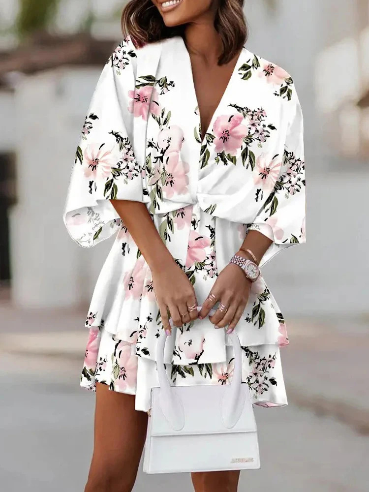 Print Women Summer Dress Half Sleeve V Neck Chic And Elegant Woman Midi Boho Beach Dress Casual Loose Knee Length Short Dresses 240415