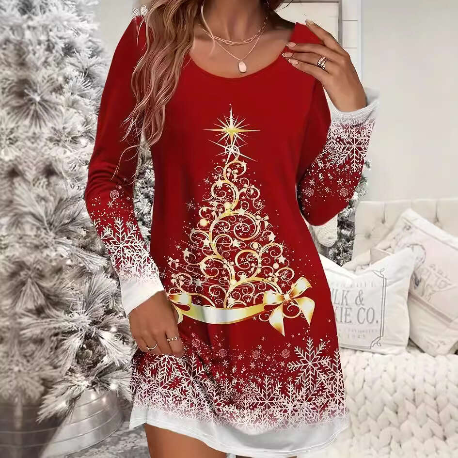 Women's casual with snowflake and Christmas tree print long sleeved round neck micro elastic dress