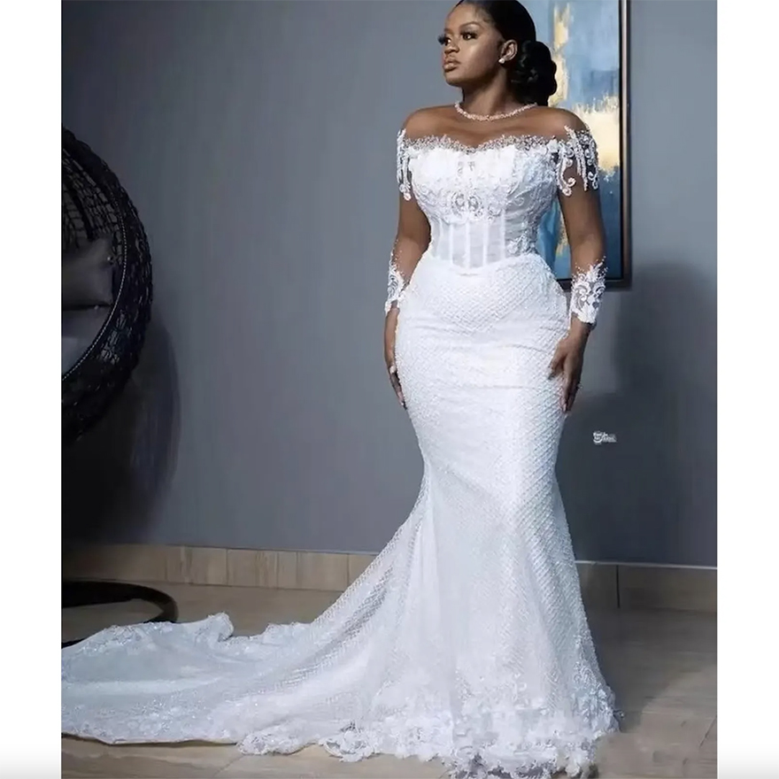 African White Mermaid Wedding Dresses Women Elegant Sheer Long Sleeved Bridal Gowns Lace Country Dress Second Reception Gown 0509