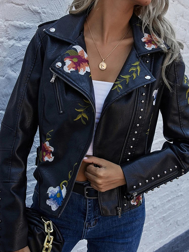 Ly Varey Lin Floral Print Embroidery Faux Soft Leather Jacket Women Pu Motorcycle Coat Female Black Punk Zipper Rivet Outerwear 241129