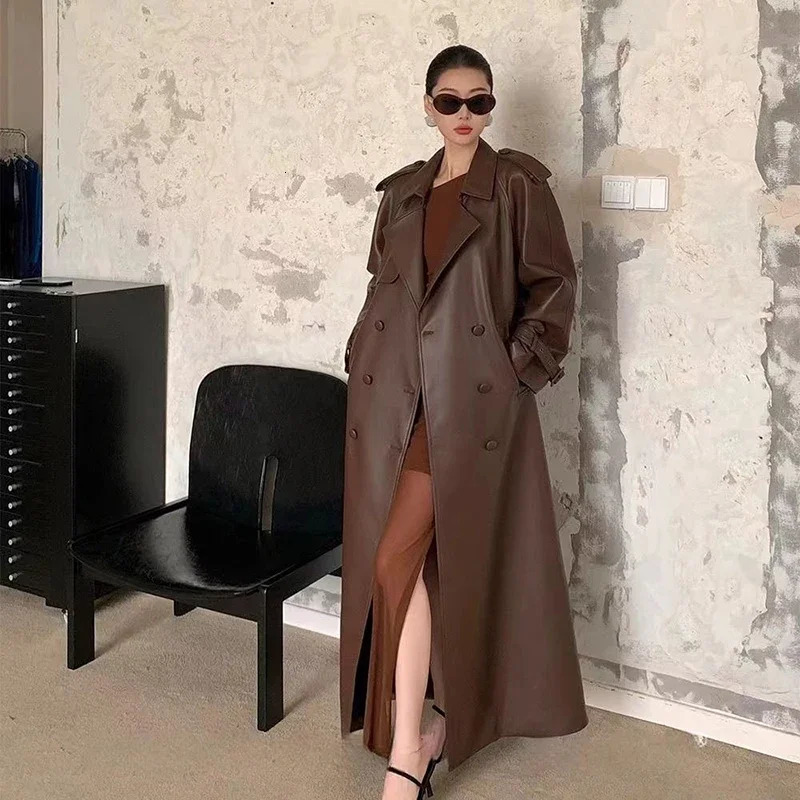 2024 Women Fashion With Belt Long Style Single Breasted Faux Leather Coat Vintage Sleeve Pockets Female Outerwear 241129