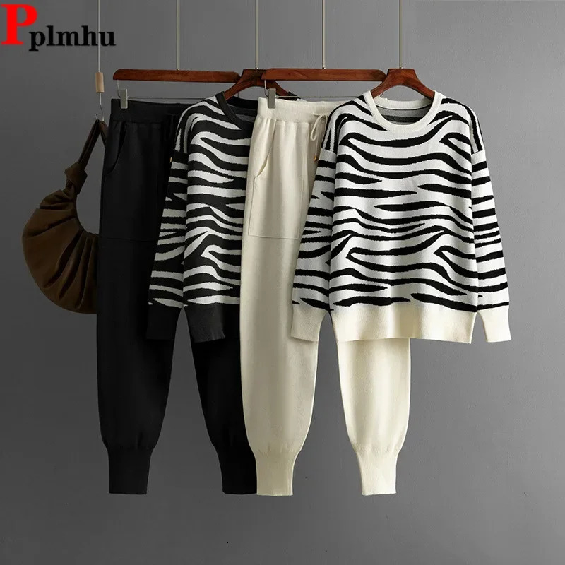 Women Oneck Leopard Long Sleeve Knitwears Pullover Sweater Tops Suit Korean Knit 2 Piece Sets High Waist Harem Pants Outfits 241129