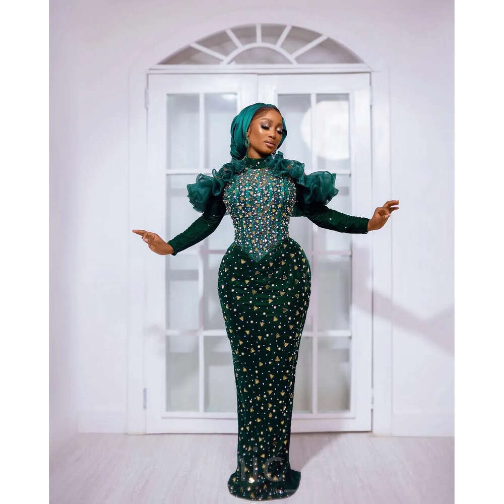 Dark Ebi Green Aso Arabic Prom Dresses Beaded Crystals Sheath Evening Formal Party Second Reception Birthday Engagement Gowns Dress Zj 6660306