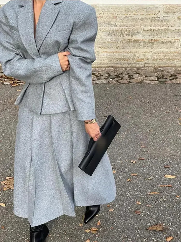 Women Fashion Solid Woolen Skirt Suits Elegant Stand Collar Full Sleeve Coat Loose Pleated Long Skirts Set 2024 Fall Lady Outfit 241129