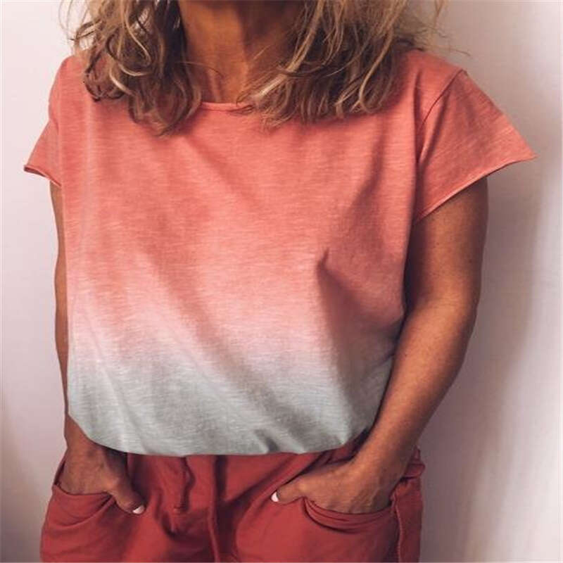 European And American Women's Summer Rainbow Gradient Print Round Neck Short Sleeved Loose T-Shirt Trendy Clothing Fashionable Casual Temperament