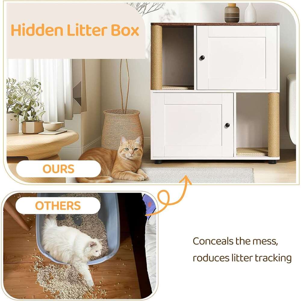 For 2 Cat, Hidden Double Encloure Furniture With Scratching Pot, Wooden Wahroom Furniture, Indoor Cat Houe End Table, Fit Mot Of Litter Box