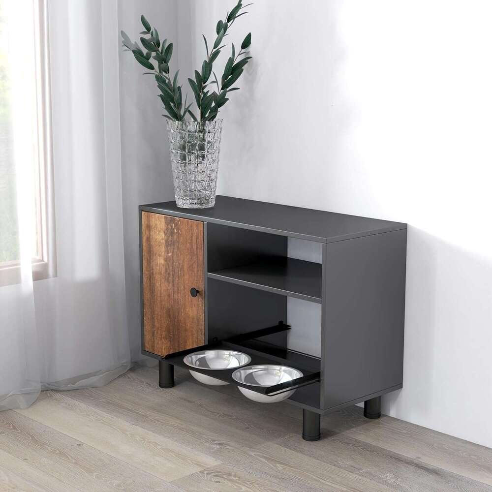 Pet Feeder Station With Double Stainle Steel Bowl Large Cabinet Durable, Rut-Proof, Odorle For Storage - Perfect Dog And Cat Food Storage(Black+Vintag