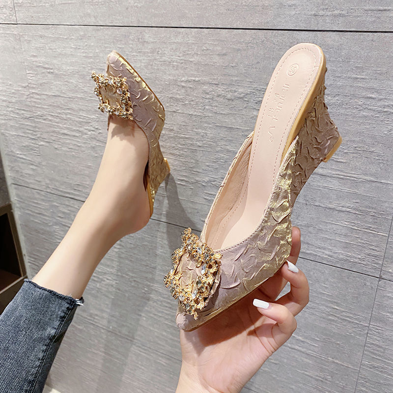 Toe Pointed Coloful beading bow slippers women high heels outdoor slides feast shoes pleated silk New blue mules female sandalias
