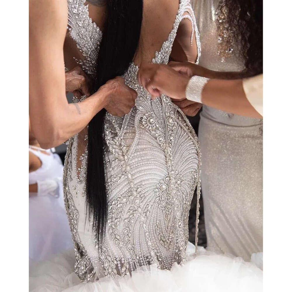 Aso Arabic Size Plus Ebi Luxurious Mermaid Sexy Wedding Dress Beaded Crystals Pearls Backless Long Sleeves Detachable Train Bridal Gowns Dresses Zj Es