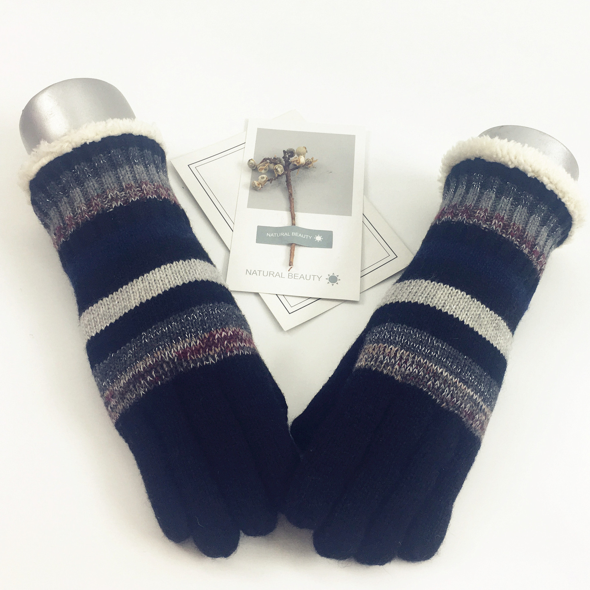 Winter gloves knitted wool gloves men's and women's thick double-layer warm woolen striped anti cold gloves wholesale