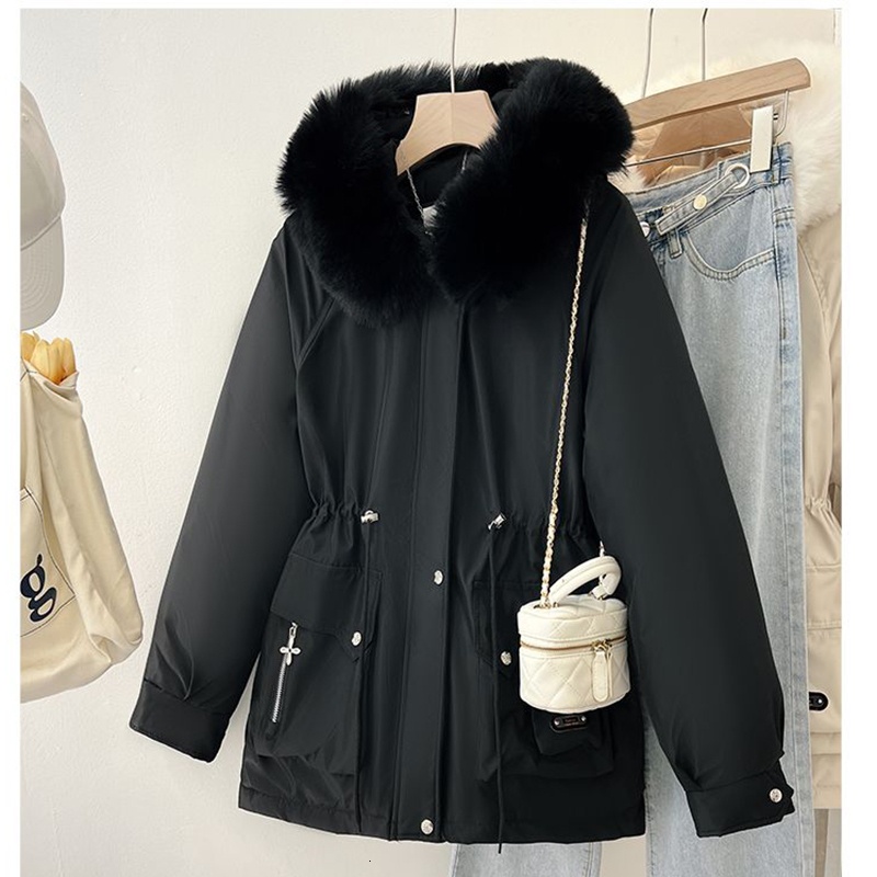 Winter Cotton Padded Hood Jacket For Thick Veet Hooded Mid Length Snow Parka Warm Big Fur Collar Outerwear Women