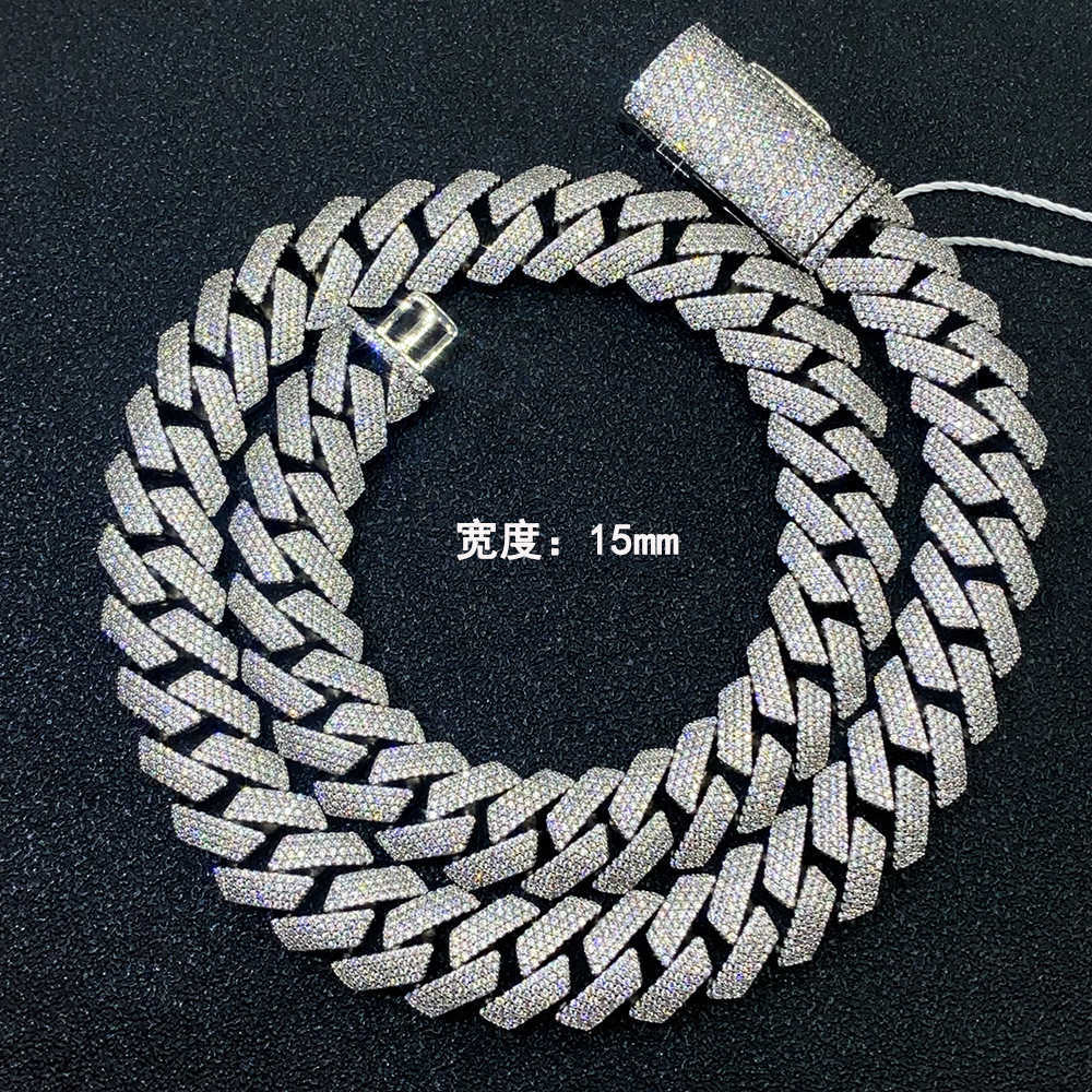New 15mm sier inlaid four rows of moissanite mens Cuban chain necklace bracelet