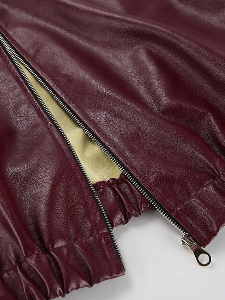 Motorcycle PU Leather Jacket Wine Red Lapel Loose Zipper Biker Autumn Winter Fashion Commute Womens Coat 241129