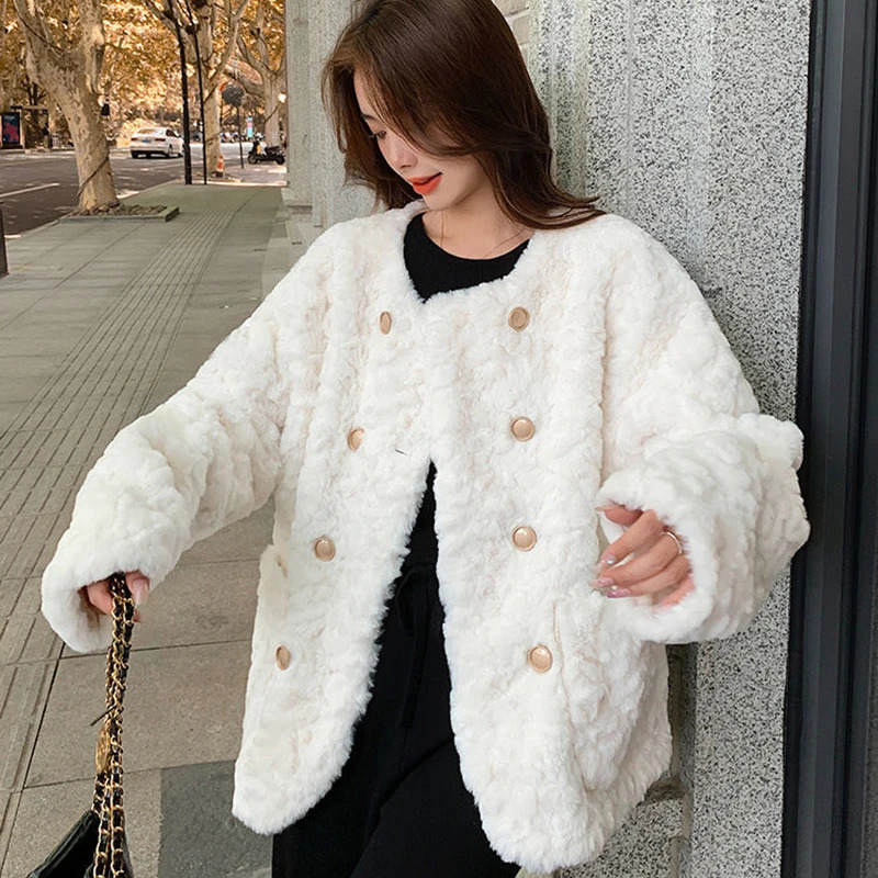 Y2K Faux Wool Women Coat Korean Sweet Warm Long Sleeve Female Autumn All Match Pockets Chic Ladies Casual Jacket 241129
