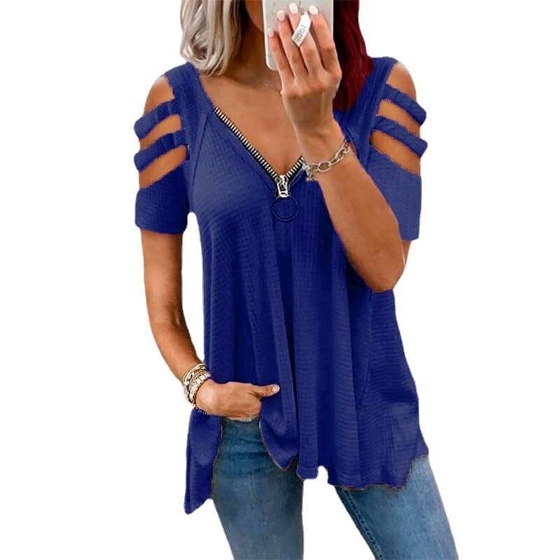 Xia Oumei's New Off Shoulder Short Sleeved V-Neck Zipper Solid Color T-Shirt Top, Women's Trendy Clothing, Fashionable And Casual Temperamen