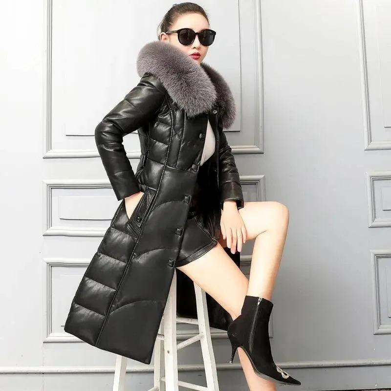 2024 Haining Leather Fashion Fur Female Collar Temperament In The Long Hooded Slim PU Warm Coat 241129