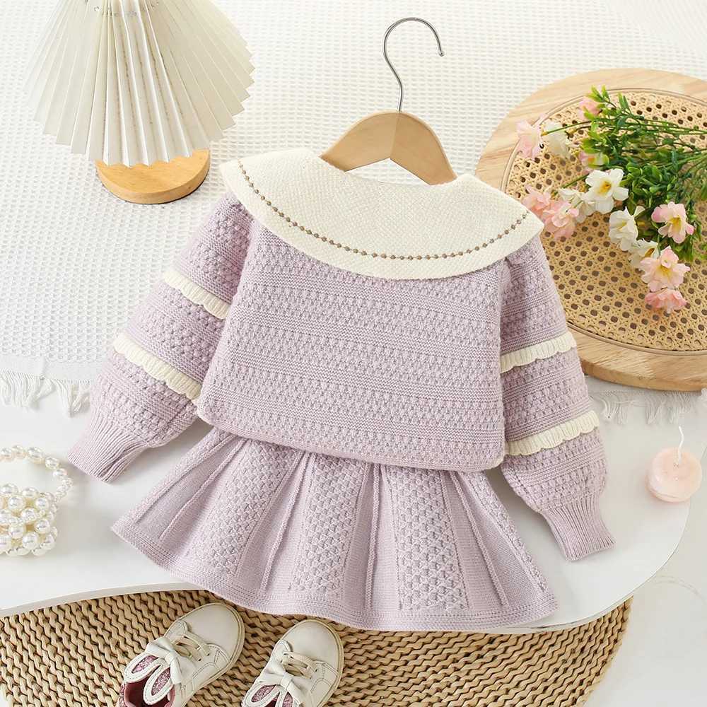 Clothing Sets Girls Knitted Clothing Set Spring and Autumn Childrens Wool Jersey Sweater Coats Short Skirt Party Dress Baby Clothing Childrens 6Y Y241