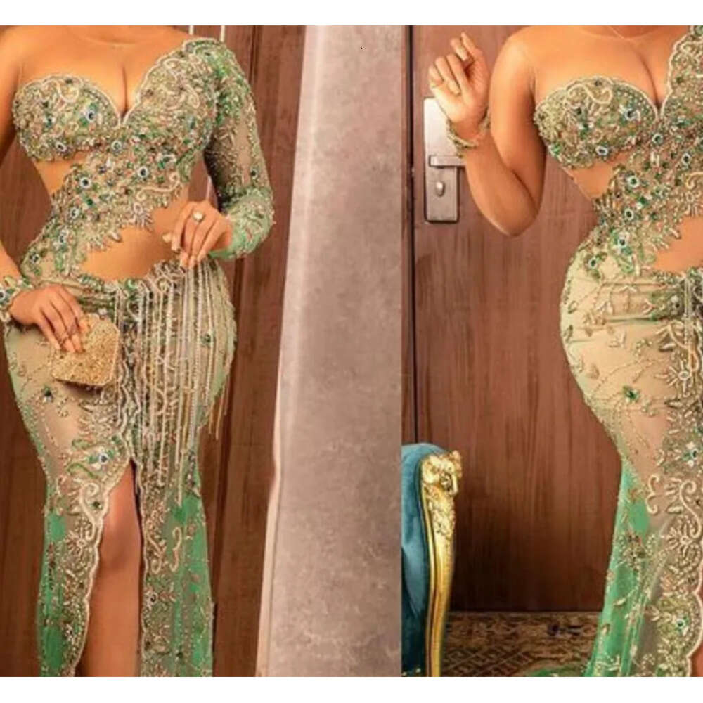 Arabic Plus Aso Ebi Size Urious Beaded Crystals Prom Dresses Lace Sheer Neck Mermaid Evening Formal Party Second Reception Gowns Zj 0218