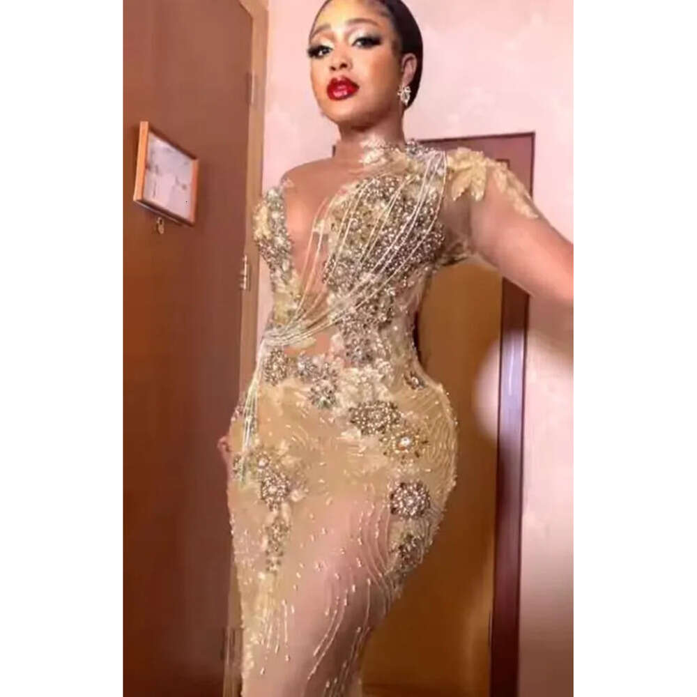 Aso Plus Ebi Arabic Size Gold Urious Mermaid Prom Dresses Lace Beaded Sheer Neck Evening Formal Party Second Reception Gowns Dress Zj 6660306