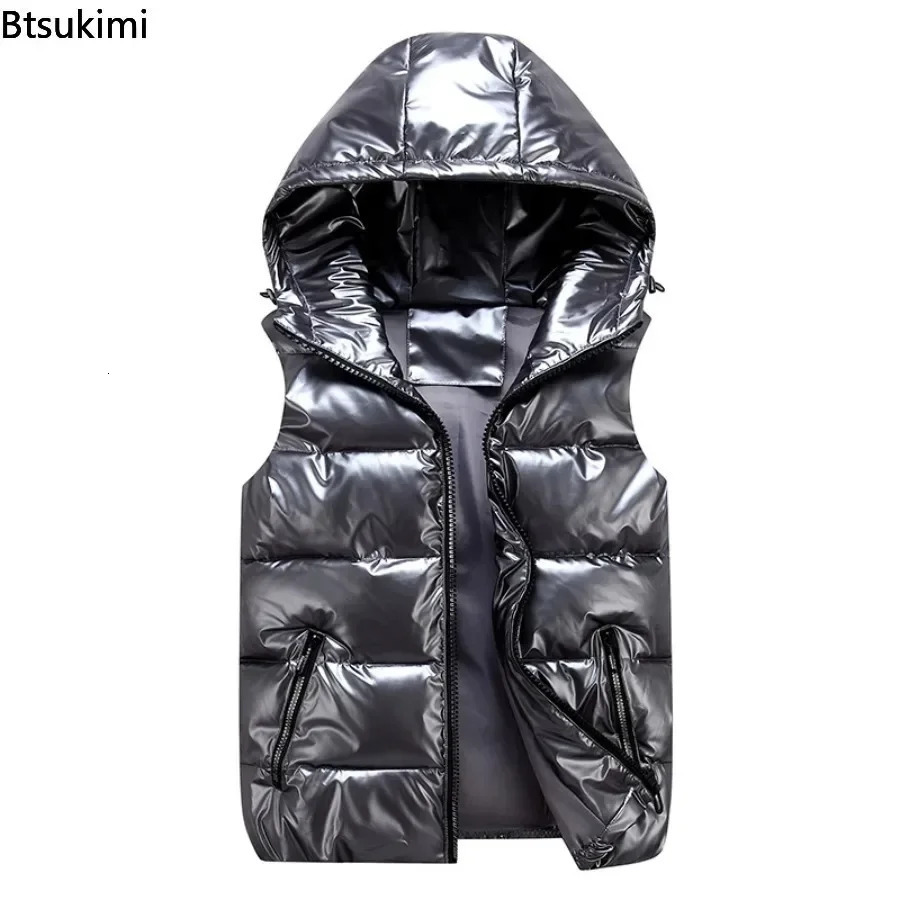 Mens Hooded Vest Coats Fashion Glossy Waterproof n Couple Down Cotton Lightweight Casual Waistcoat Male Parkas Vests 241129