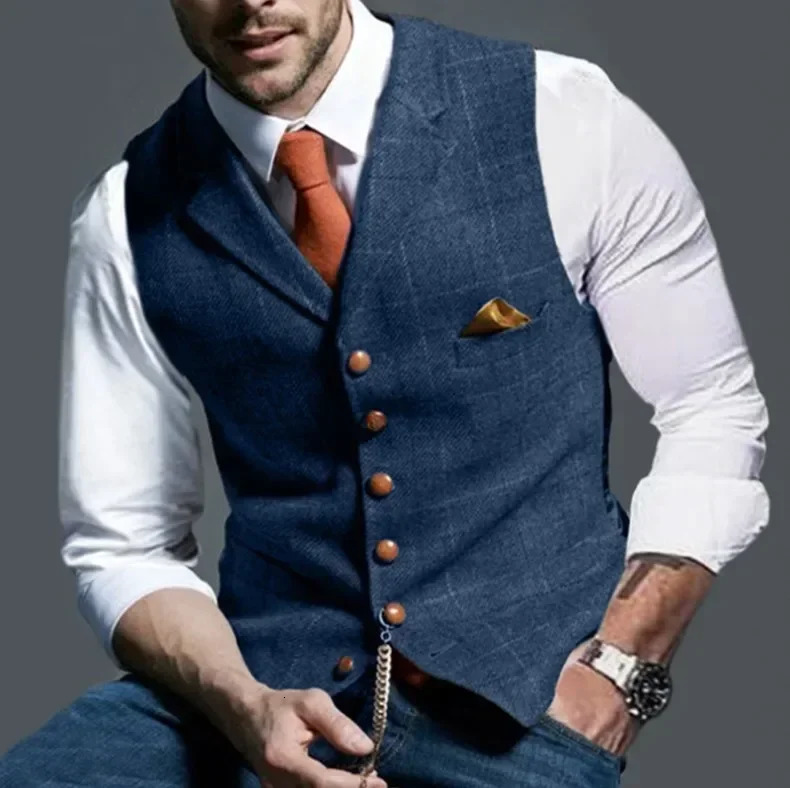 Mens Casual Classic Suit Vest Retro Herringbone Lapel Cotton Blended Tweed Slim Business Lined S3XL 241129