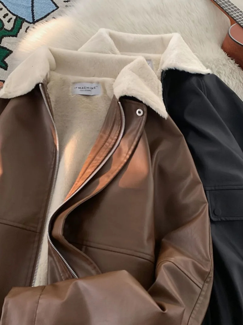 Y2K Fashion Lapel Leather Coat Cottonpadded Jacket Women High Street Vibe Vintage Casual Pilot 241129