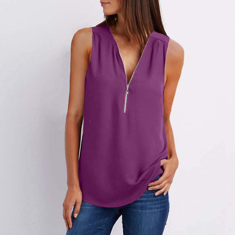 European And American V-Neck Zipper Sleeveless Loose Chiffon Vest 1 7 Color Trendy Clothing Fashion Casual Temperament B4