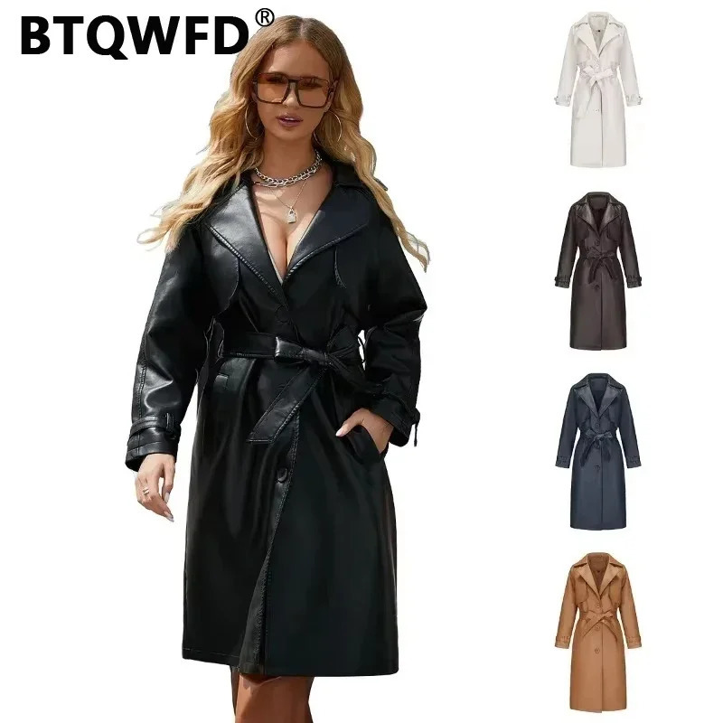 BTQWFD Womens Long Leather Trench Coat with Belt Button Single Breasted Loose Fashion 2024 Spring Autumn Winter Outerwear 241129