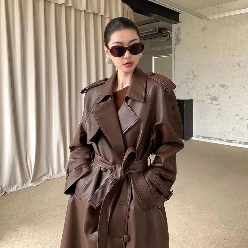 2024 Women Fashion With Belt Long Style Single Breasted Faux Leather Coat Vintage Sleeve Pockets Female Outerwear 241129