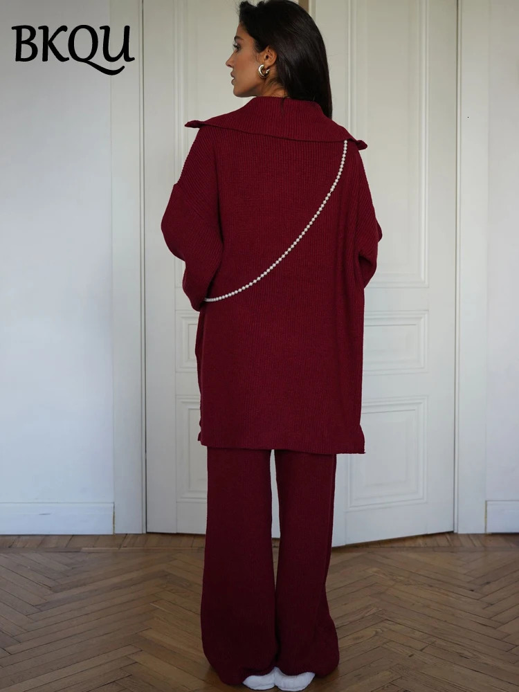 BKQU Fashion Solid Knitted Pants 2 Piece Set Women Casual Lapel Half Zip Pullover Sweater High Waist Wide Leg Ladies Suits 241129