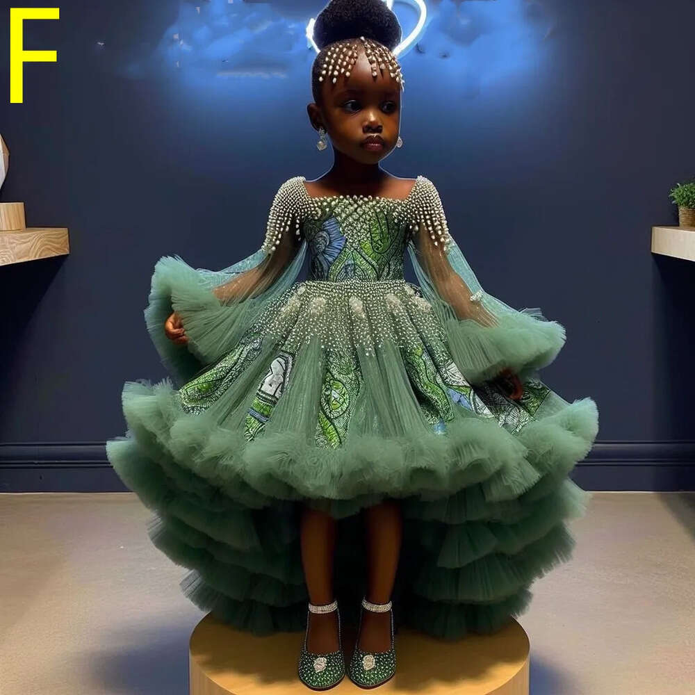 Flower Printed Royal Green Dresses Ball Gown Tulle Tiers Pearls Beaded Luxurious Little Girl Christmas Peageant Birthday Christening Tutu Dress Gowns 