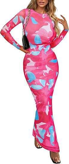 2024 Shein autumn new long sleeved ral print tight pleated sexy women's dress