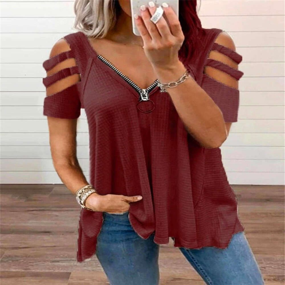 Xia Oumei's New Off Shoulder Short Sleeved V-Neck Zipper Solid Color T-Shirt Top, Women's Trendy Clothing, Fashionable And Casual Temperamen